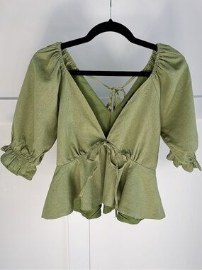 7 For All Mankind Linen Boho Olive Green Tie-Front Peplum Blouse Size Small